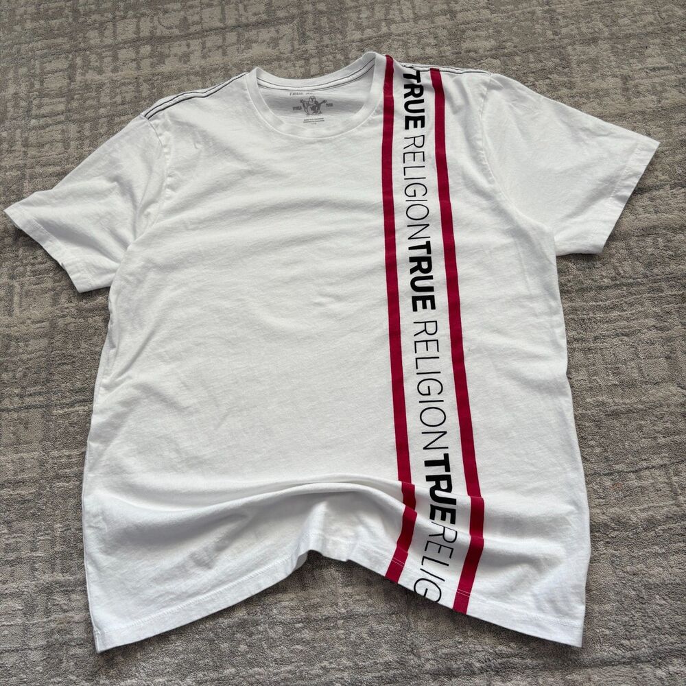 True Religion Mens White Vertical Logo Stripe T-Shirt Short Sleeve Crew Neck L